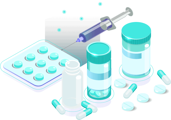 Isometric illustration of a syringe, pills and a syringe for ti risk and ti expert